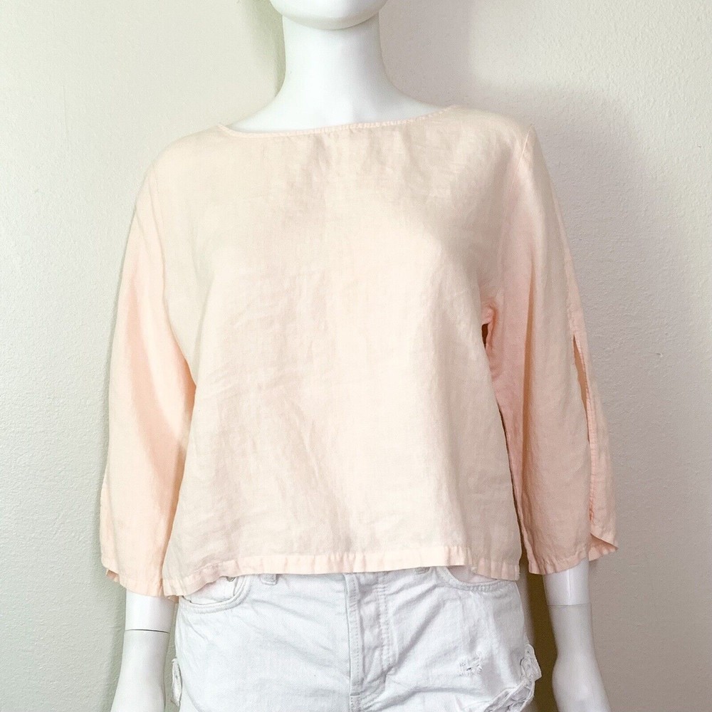 Vintage Spirit Peach Pink 100% Linen Blouse Top L Split 3/4 Sleeves Boat Neck
